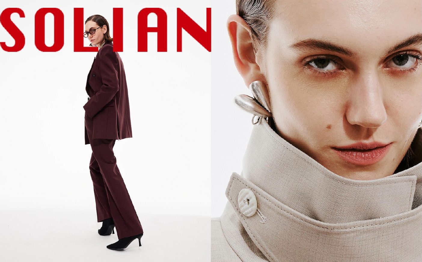 Diptyque de LENA : éditorial en costume bordeaux et portrait en gros plan – Emporio Models Marrakech