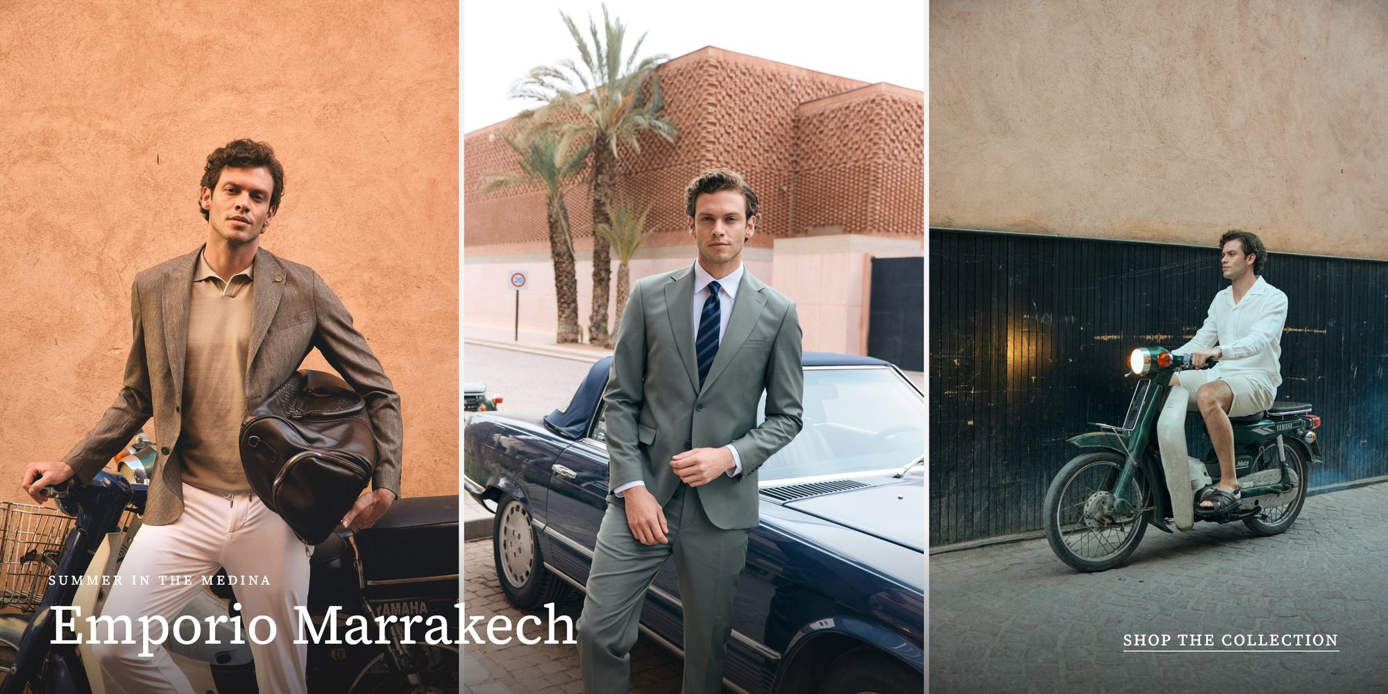 Triptyque éditorial homme à Marrakech – Emporio Models Marrakech