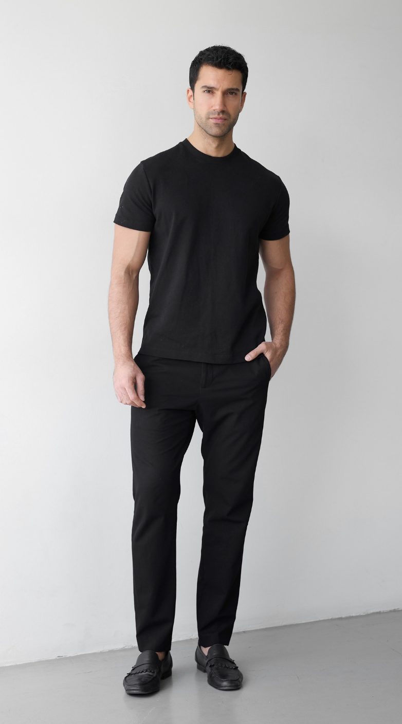 Natural pose option 3 for a male model's digitals, plain background