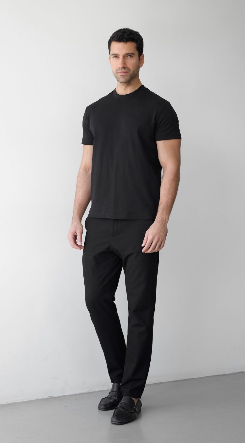 Natural pose option 4 for a male model's digitals, plain background