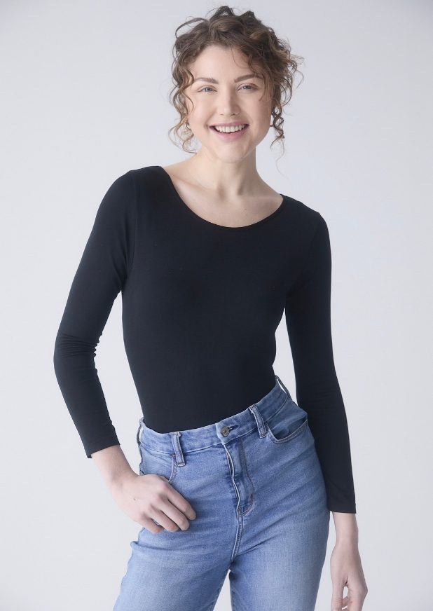 Example digital of a female model: natural light, plain background, no filters